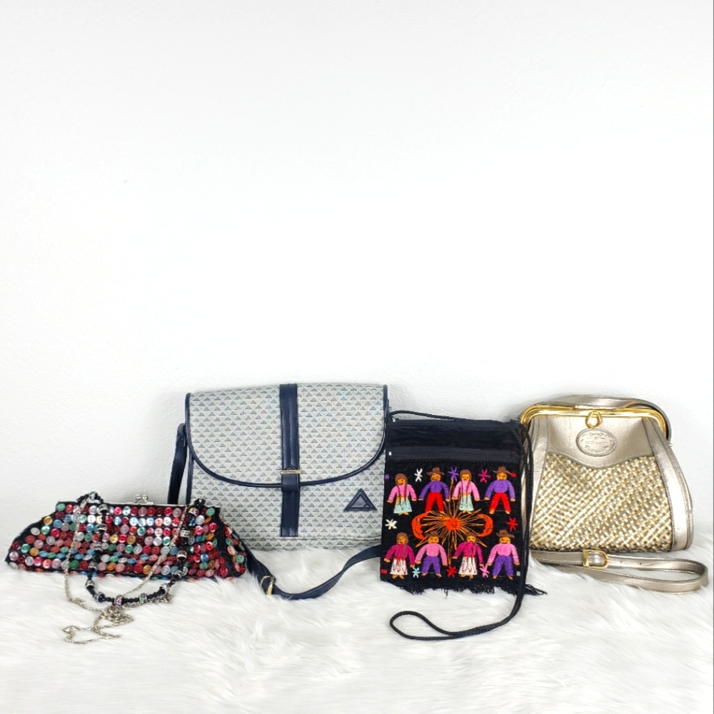 Vintage Bundle of 4 Purses Multicolored Buttons, Leather, Suede, Fringe & Woven